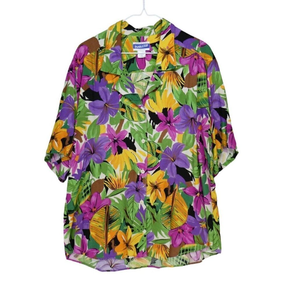 Vintage Pendleton Tall Size 16 Womens Hawaiian Shirt Colorful Purple Green